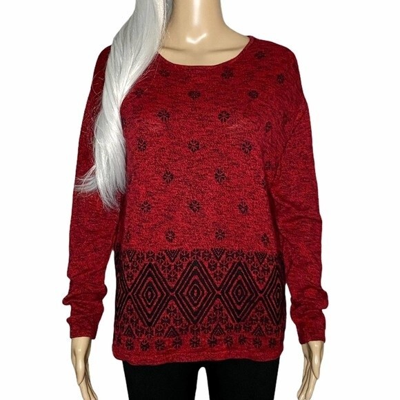 J. Jill Cotton Blend Embroidered Winter Print Red Crewneck Sweater Size Small - Picture 1 of 6